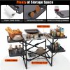 Folding Camping Kitchen Table With Lamp Post, Portable Outdoor Cooking Station With Heat Resistant Top, 4 Side Tables & Lower Storage Rack For Picnic,
