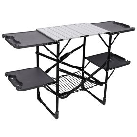Folding Camping Kitchen Table, Portable Outdoor Cooking Station With Heat Resistant Top, 4 Side Tables & Lower Storage Rack For Picnic, Tailgating & C