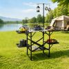 Folding Camping Kitchen Table With Lamp Post, Portable Outdoor Cooking Station With Heat Resistant Top, 4 Side Tables & Lower Storage Rack For Picnic,