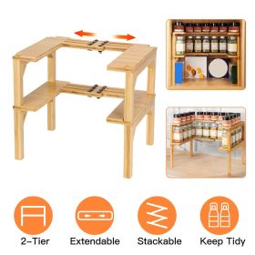2-Tier Kitchen Spice Rack Expandable Bamboo Spice Organizer Cabinet Stackable Seasoning Organizer Extendable Spice Jar Rack for Countertops Pantr
