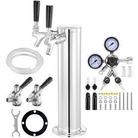 Kegerator Tower Kit, Dual Taps Beer Conversion Kit, Stainless Steel Keg Beer Tower Dispenser with Dual Gauge CGA320 Regulator & D-System Keg Coupler