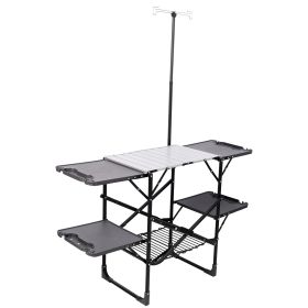 Folding Camping Kitchen Table With Lamp Post, Portable Outdoor Cooking Station With Heat Resistant Top, 4 Side Tables & Lower Storage Rack For Picnic,
