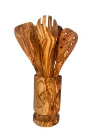 Olive Wood Kitchen Servers Set w/Holder -6 Pcs - As shown