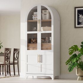 71" Tall Arched Kitchen Pantry Cabinet with Door Shelves, Farmhouse Kitchen Storage Cabinet with Open & Adjustable Shelves, Hidden Drawer & Glass (Color: White)